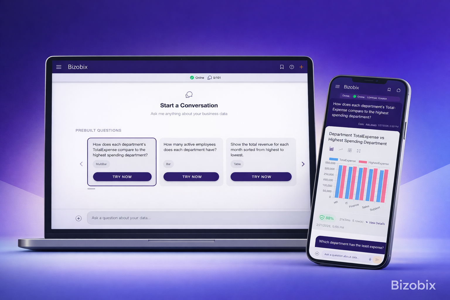 Bizobix dashboard - natural language business insights